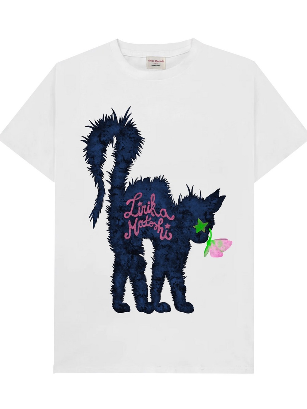 Lirika Matoshi White Tee with Navy Fuzzy Cat, Pink Logo & Green-Pink Flower